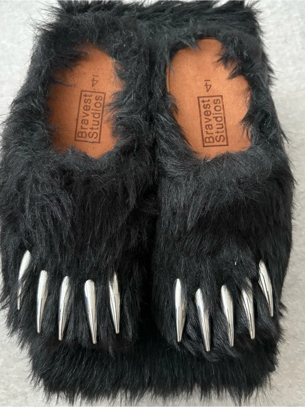 Bravest Studios Black Furry Kids Slippers with Silver Claws